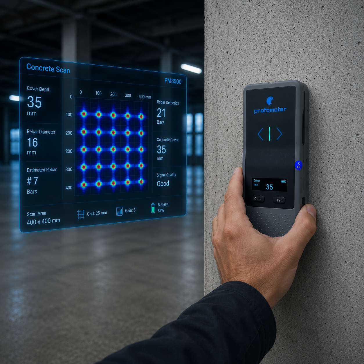 PM8000 Lite para detección de armaduras y medición del recubrimiento del concreto