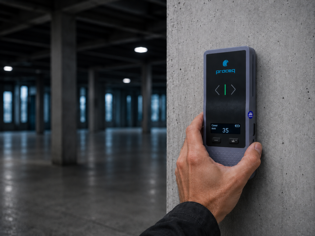 Pachómetro PM8000 Lite para inspección de estructuras de concreto.