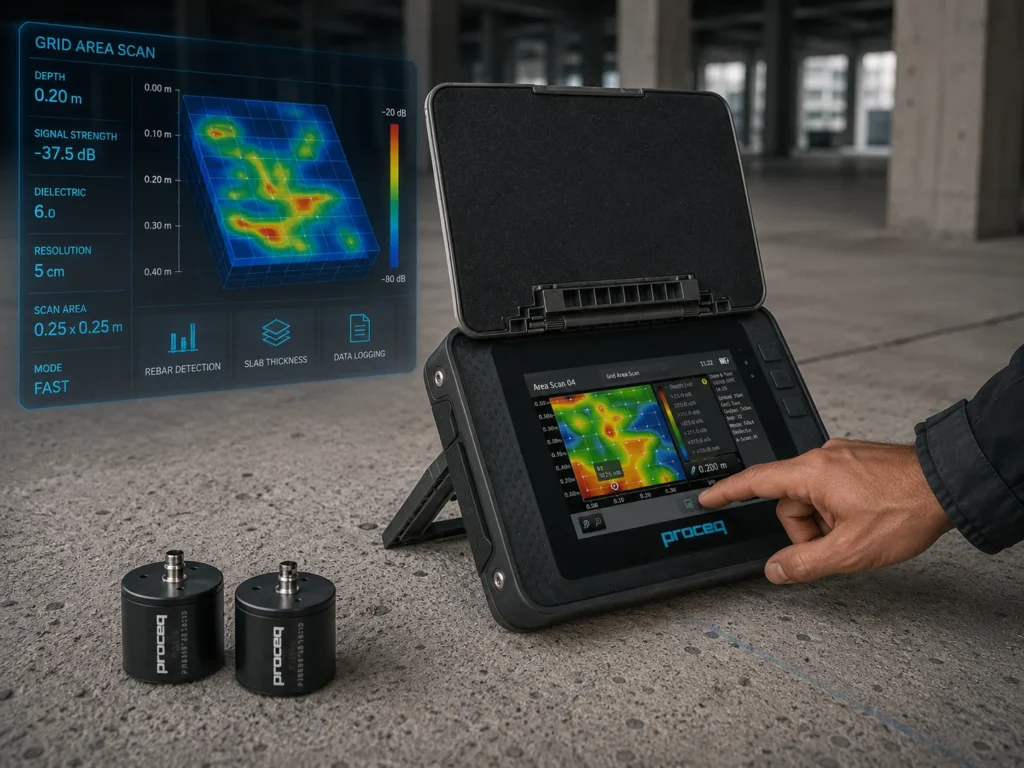 Equipo Pundit P200 para pruebas ultrasónicas en concreto.