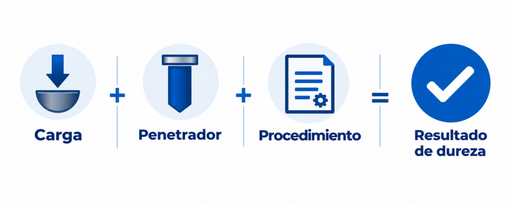 Proceso de medición de dureza con Equotip: carga, penetrador y procedimiento para obtener el resultado de dureza.