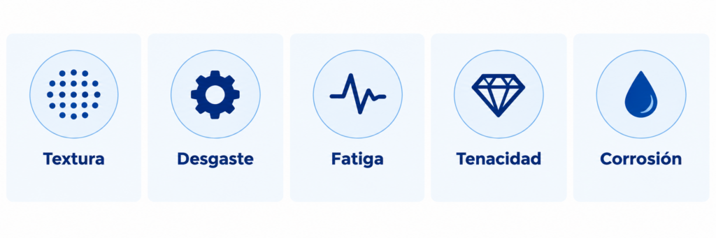 Propiedades de los materiales: textura, desgaste, fatiga, tenacidad y corrosión.